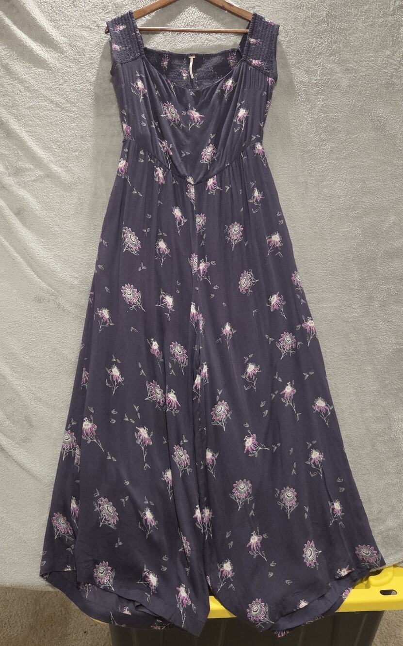 Free People Navy Blue Sleeveless Smocked Aster Wide Leg Jumpsuit Size Large